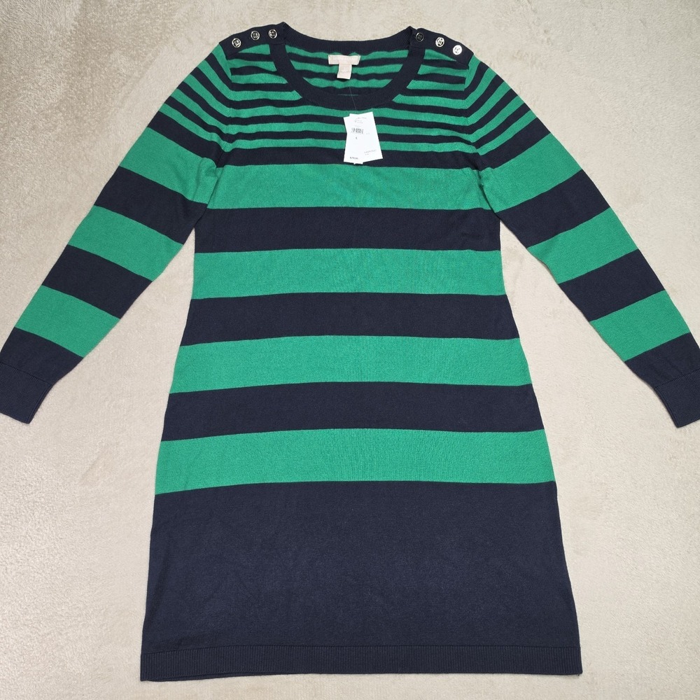 BANANA REPUBLIC Striped Sweater Dress Large Green Navy Knit Button Detail NWT